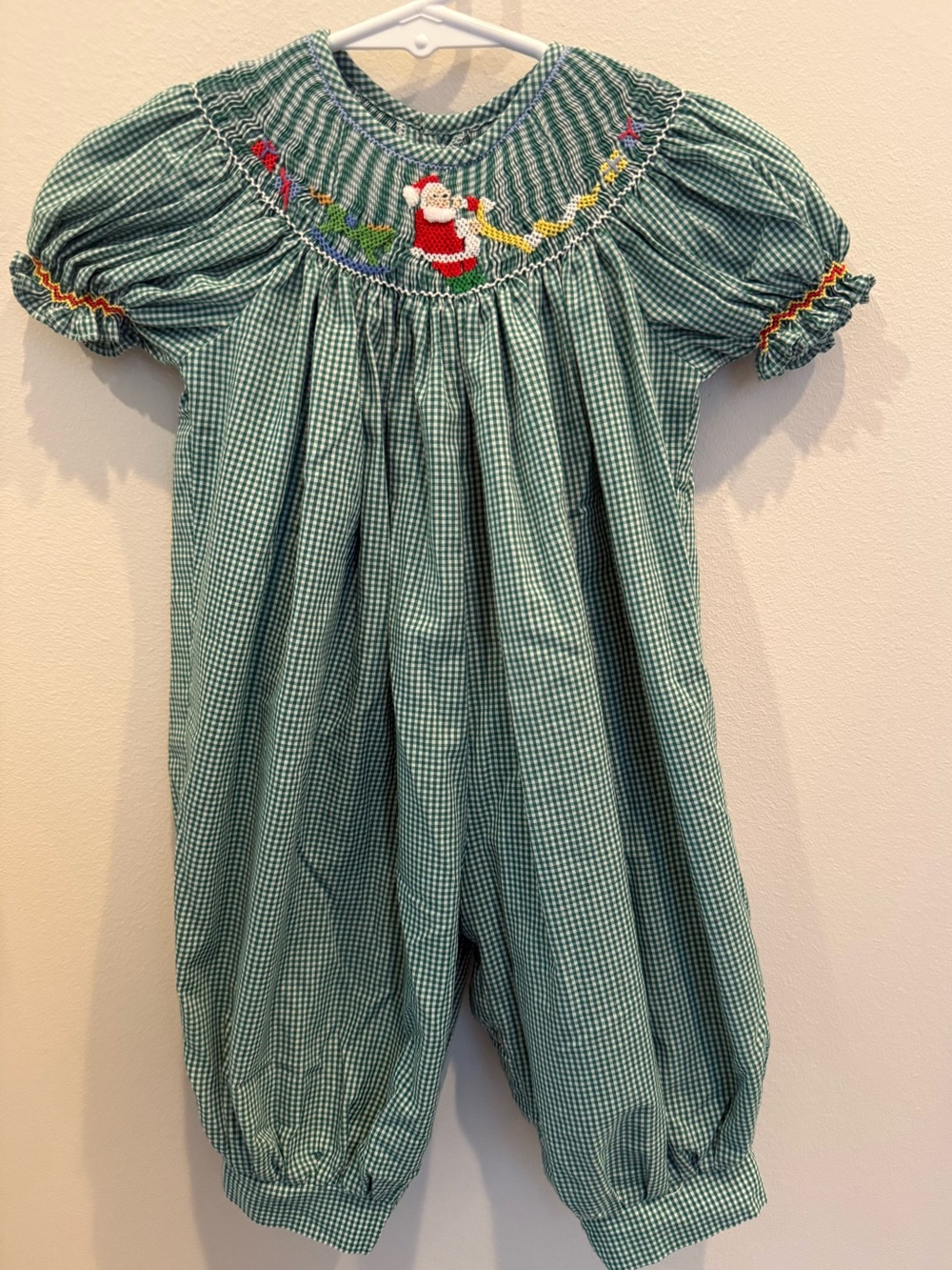 Mom & Me 9M Smocked Santa Christmas Romper Green Gingham Holiday
